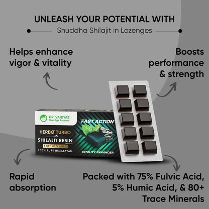 Dr. Vaidya’s Herbo24Turbo Shilajit Gummies Lozenges (Pastilles) | Helps Boost Performance | Helps Improve Strength, Stamina, and Energy Levels | Pure Himalayan Shilajit | No Added Sugar |30 Lozenges(Mint Flavour)(Pack of 1)