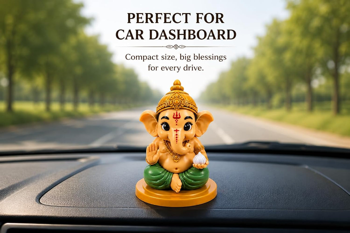 VASPAR Cute Baby Ganesha Idol for Car Dashboard | Premium Lord Ganesh Murti | Mini Ganpati Statue for Home Decor, Office Desk & Pooja Room | Spiritual Gift | Green