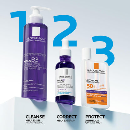 Three La Roche-Posay skincare products with labels 'Cleanse', 'Correct', and 'Protect' on a light gray background.