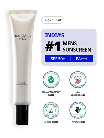 Tube of Reginald Men sunscreen with branding and product details on a white background
