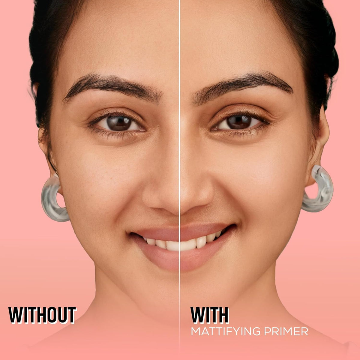 Before and after comparison of a woman's face with a mattifying primer on a pink background.