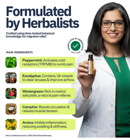 Woman in a white coat holding a bottle of essential oil with a list of ingredients and benefits on a green background.