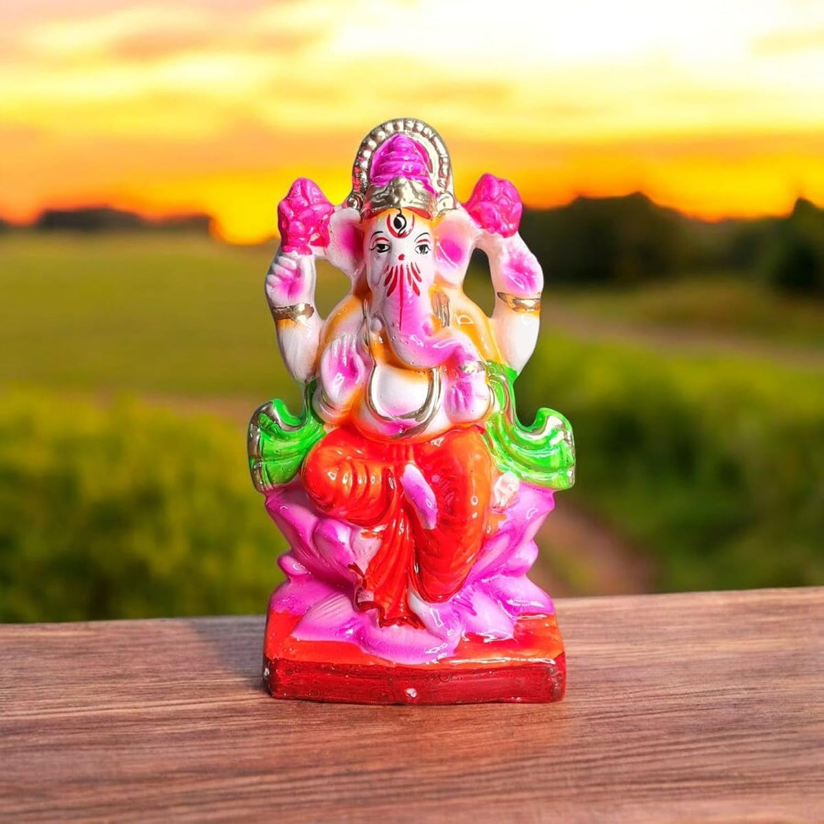 SAUDEEP INDIA 6 Inch Mitti Ganesh Idol | Eco-Friendly Handcrafted Mud/Clay Ganesh Murti | Ganpati Figurine for Visarjan | Biodegradable Lotus Ganesha Statue | Ganesh Chaturthi (Colored Mitti Ganesha)