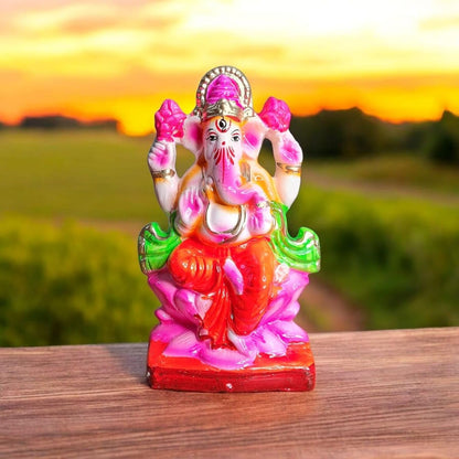 SAUDEEP INDIA 6 Inch Mitti Ganesh Idol | Eco-Friendly Handcrafted Mud/Clay Ganesh Murti | Ganpati Figurine for Visarjan | Biodegradable Lotus Ganesha Statue | Ganesh Chaturthi (Colored Mitti Ganesha)