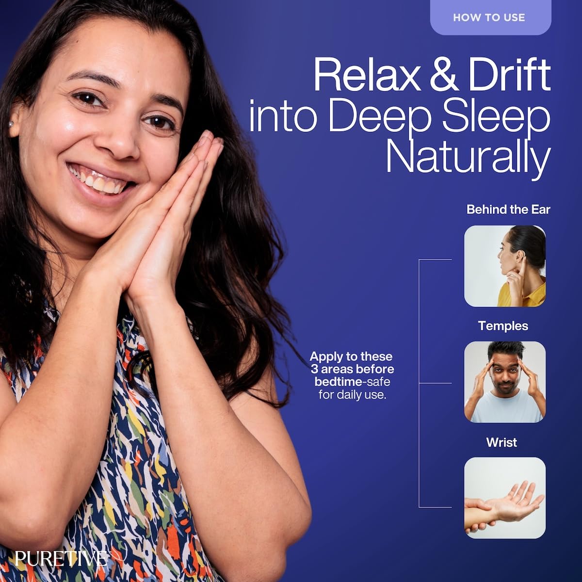 Promotional graphic for a product to help relax and drift into deep sleep naturally, featuring a woman and instructions on application.