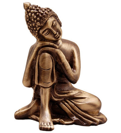 Resting Buddha on Knee Metal Showpiece (7.5 cm x 5.38 cm x 9.38 cm, Brown, AGB506)