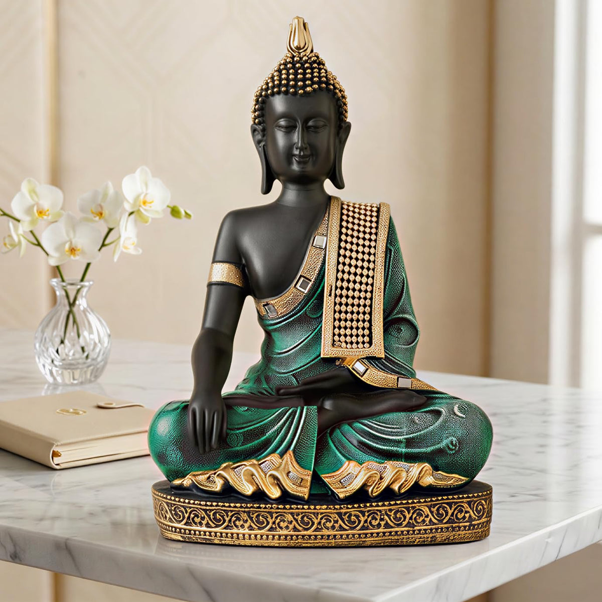 Buddha Idol Statue | Home Decoration Items for Living Room (Green Black)