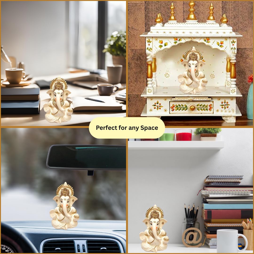Gold Art India Peach Terracotta Colour Golden Paint Work Vinayaka Idol Car Dashboard Idol Ganesha Murti Ganpati Idol for Home Decor Puja Lord Ganesh Statue Gift for Office Desk Puja Room Figurine