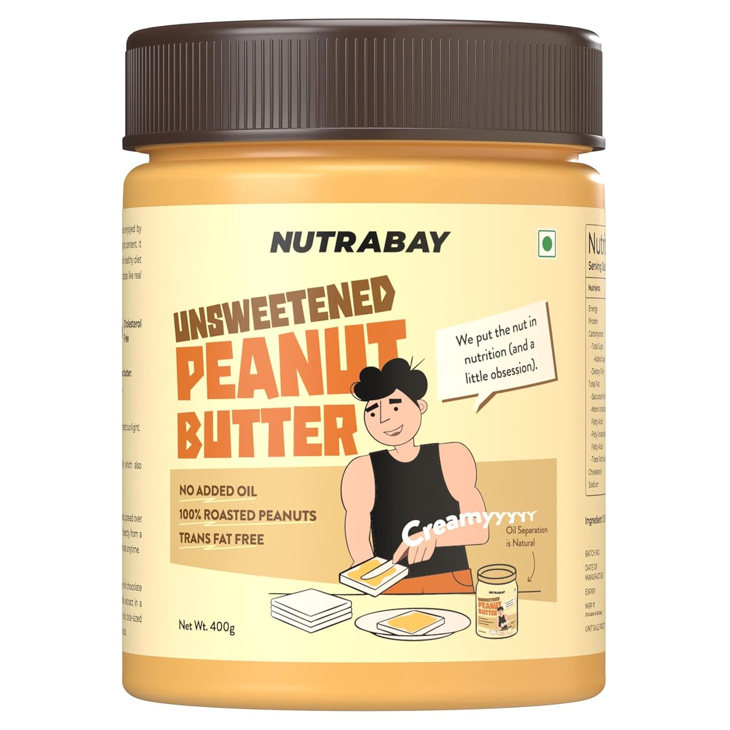 Nutrabay Foods All-Natural Peanut Butter (Creamy) - Unsweetened, 400g | 100% Roasted Peanuts, 28g Protein, Zero Cholesterol, Vegan, Gluten Free, Non GMO