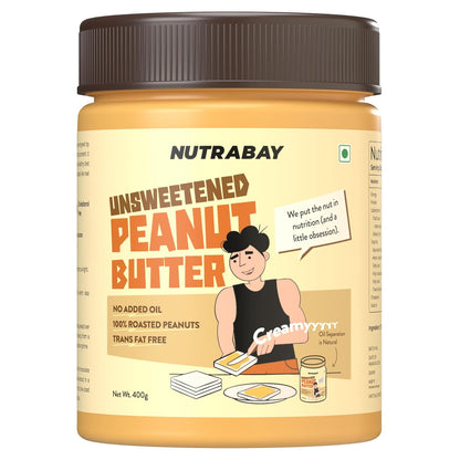 Nutrabay Foods All-Natural Peanut Butter (Creamy) - Unsweetened, 400g | 100% Roasted Peanuts, 28g Protein, Zero Cholesterol, Vegan, Gluten Free, Non GMO
