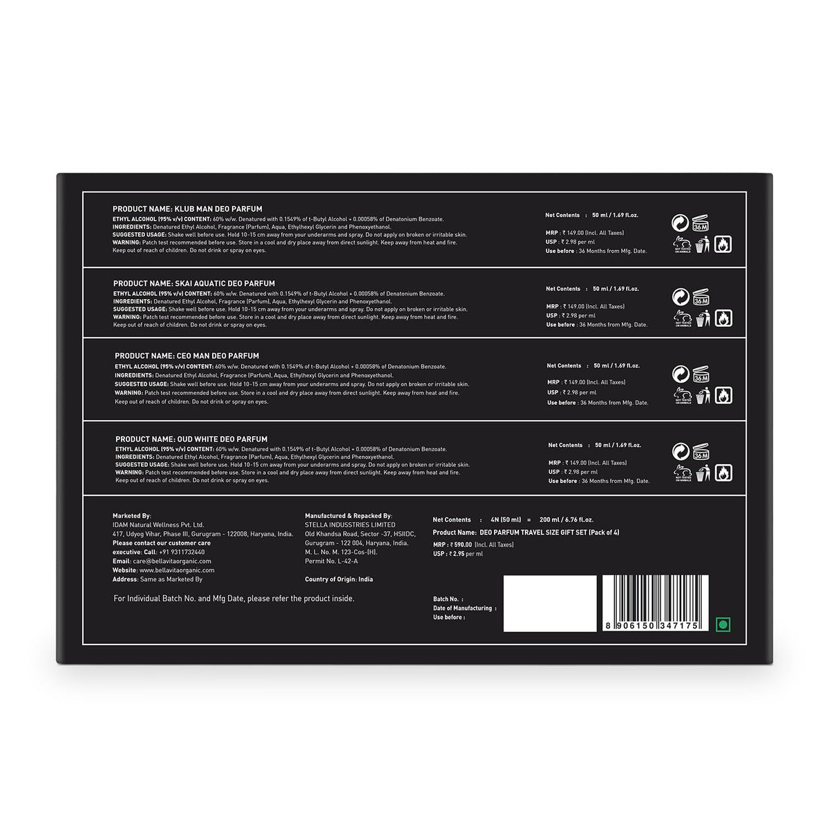 Black product packaging with text and a barcode on a white background