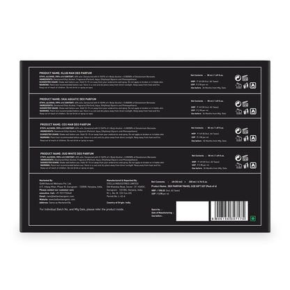 Black product packaging with text and a barcode on a white background