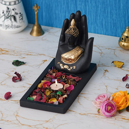 eCraftIndia Black Golden Resin Palm Buddha Idol Showpiece Potpourri Tea Light Candle Holder| Lord Buddha Statue Tea Light Holder| Diwali Decoration Items for Home Decor| Gift for Diwali Housewarming
