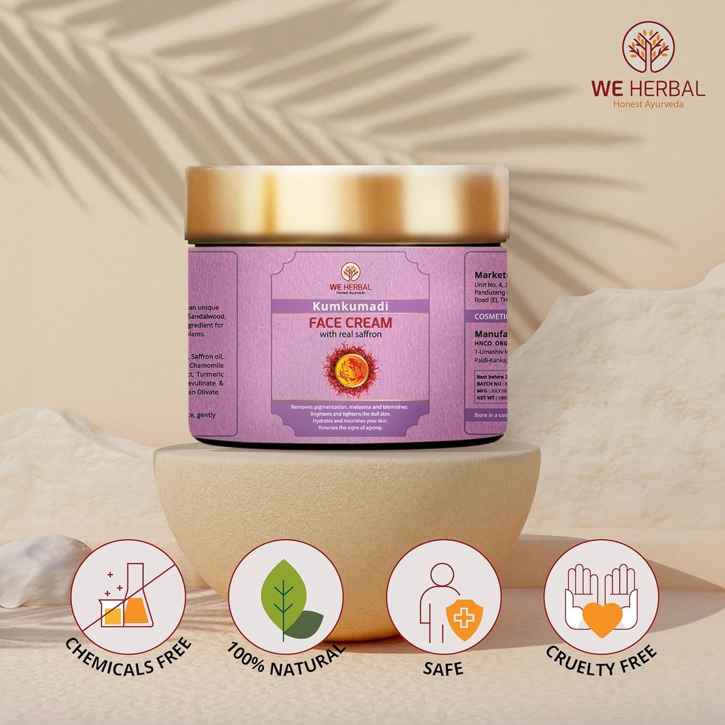 WE HERBAL Kumkumadi Face Cream for brighter, Radiant Glow, Skin Rejuvenating & Firming, 100gm Ayurvedic Moisturizer with Natural Ingredients, No Artificial Chemicals, Fragrance or Colour