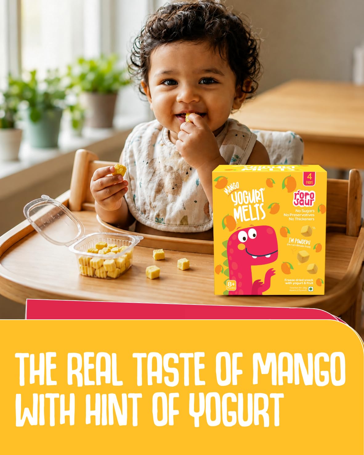 Rorosaur Baby Snacks - Melts with Yogurt and Fruit & Veggie for 8+ Months | 4 packs of Mango Melts | Finger Food for Toddlers | No Sugars, No Preservatives, No Binders | 5g each