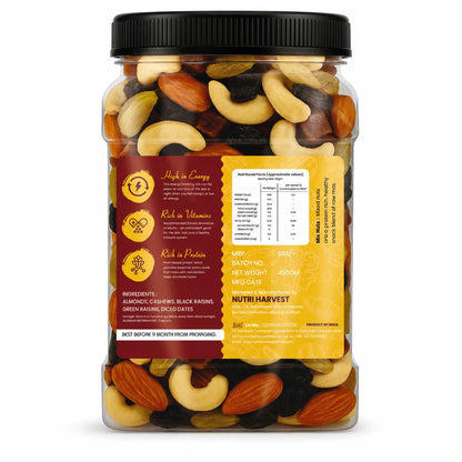 NUTRI HARVEST Premium Dry Fruits Mix pack (Panch mewa), Natural Blend of Almonds, Cashews,Black and green Raisins and diced Dates| Fit for Fasting 450 gram| (Re-sealable pack for freshness)