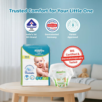 Supples Premium Baby Diaper Pants | 62 Baby Diapers | Large | 9-14 Kg | 12 Hrs Absorption | Cushiony Cotton Soft Fabric | Phthalates-Free | Triple Leak Guard