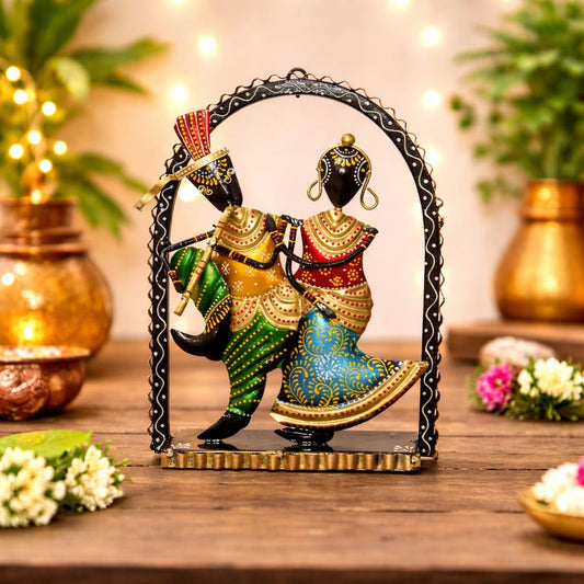 CraftVatika Metal Wall Decor, Home Wall Table Decoration Items for Living Room, Handpainted Dancing Radha Krishna Wall Hanging Decorations, Wedding Anniversary Return Gift for Women, (10 Inch Height)