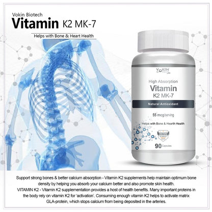 Vitamin K2 MK-7 supplement bottle with skeleton illustration on a white background