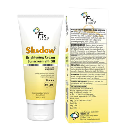Fixderma Shadow Brightening Sunscreen SPF50 PA+++ with 1% Alpha Arbutin | UVA/UVB, Broad Spectrum Protection | Reduce Tan & Brightens the Complexion | Lightweight, No White Cast, All Skin Type - 50GM