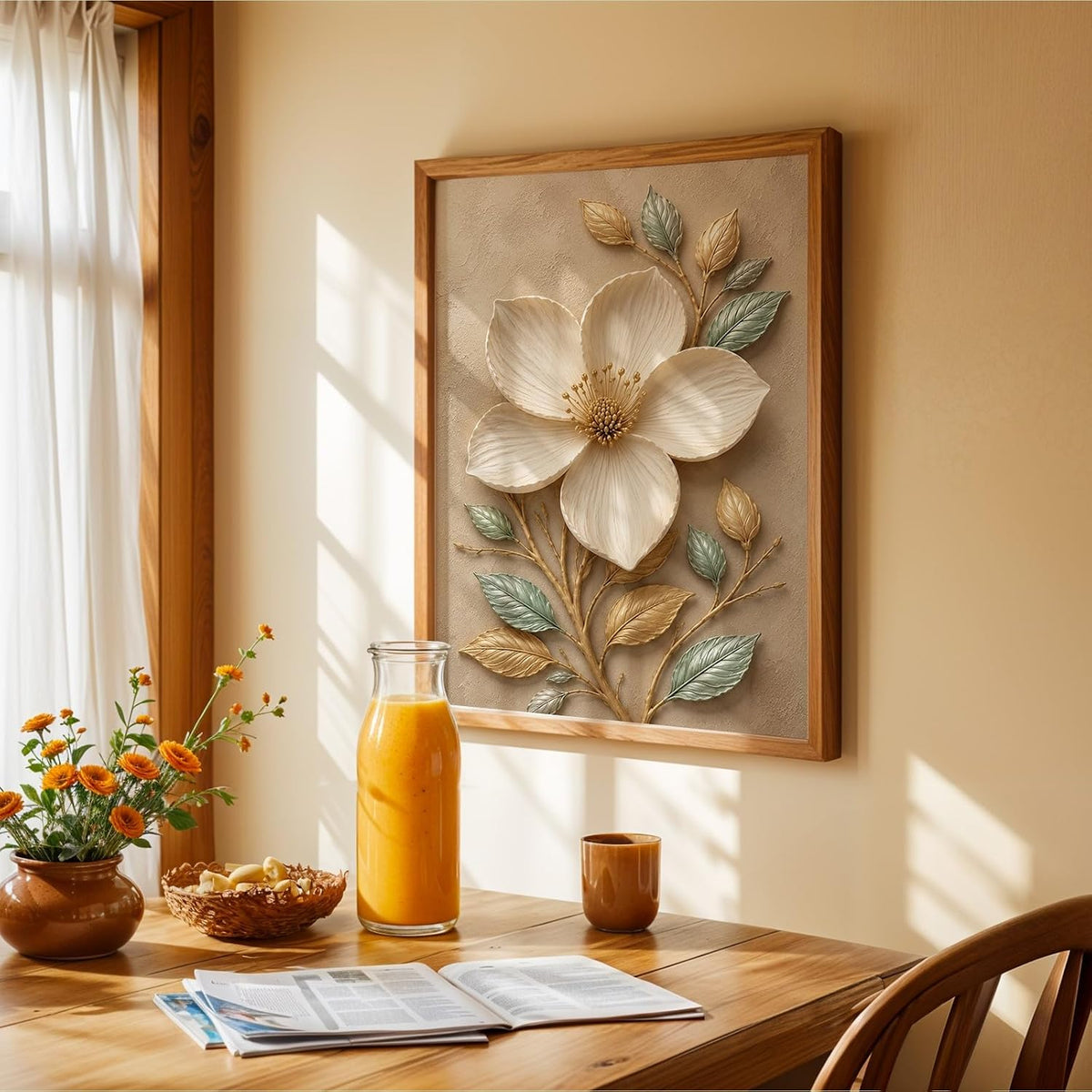 Floral Botanical Wall Painting with Frame | Premium Textured Flower & Leaf Artwork, Pastel Nature Wall Decor Framed for Living Room Bedroom Office and Home Decoration (Art-4,13x19inch)