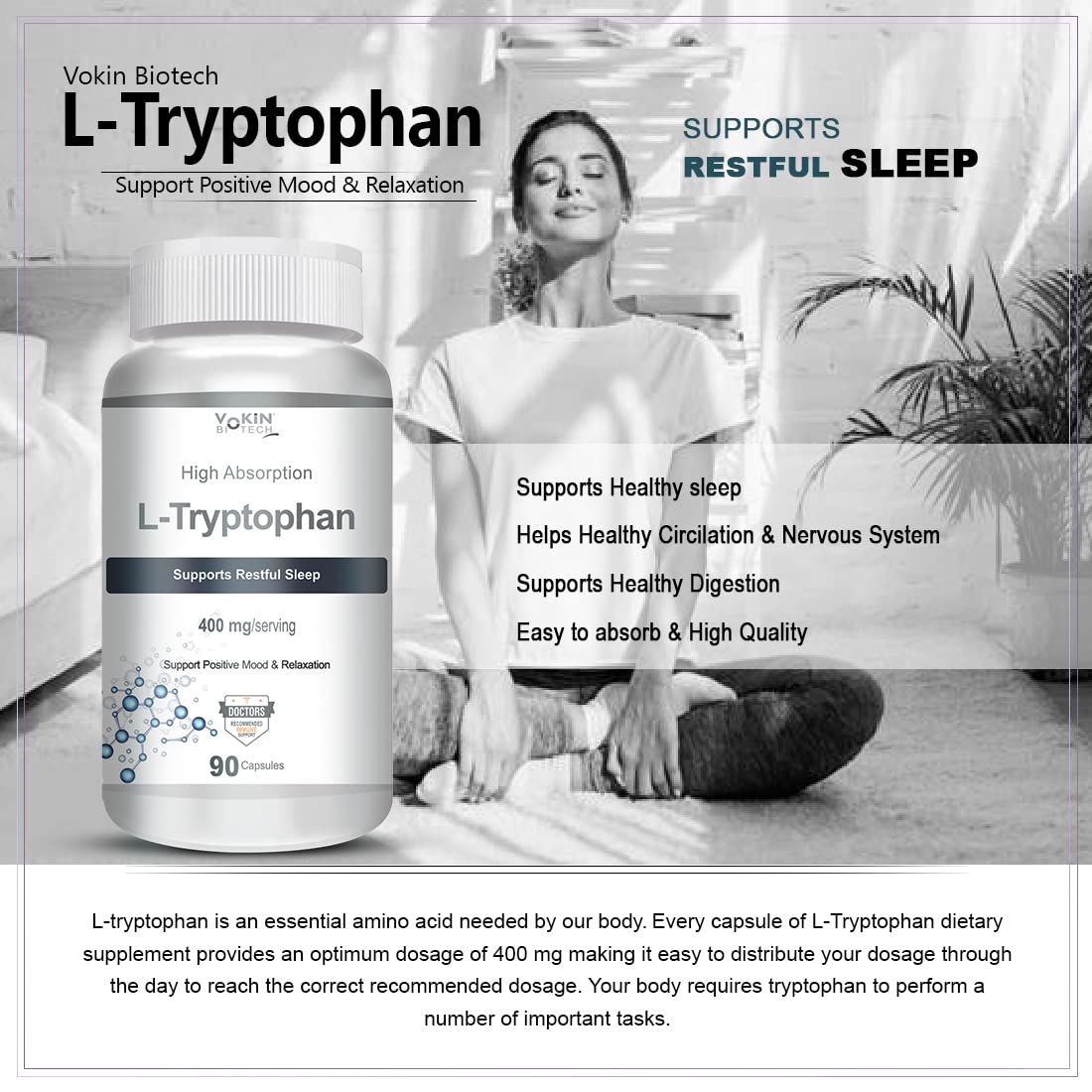 Vokin Biotech L-Tryptophan supplement with a woman sitting on the floor in a living room.
