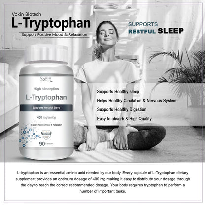 Vokin Biotech L-Tryptophan supplement with a woman sitting on the floor in a living room.