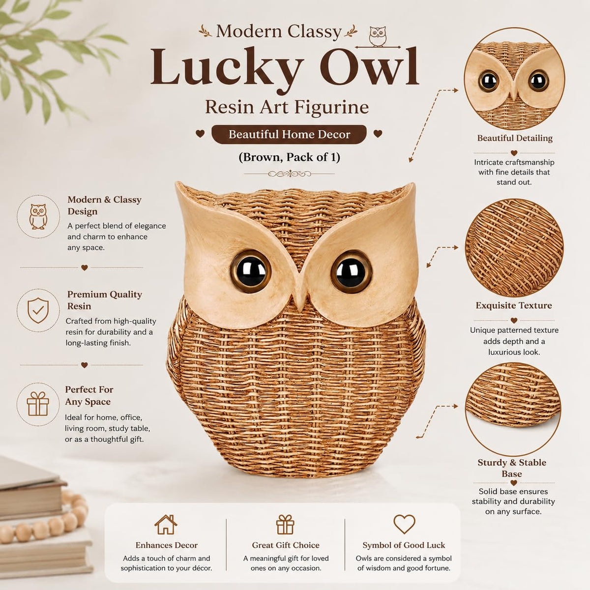 Modern Classy Lucky Owl Resin Art Figurine | Beautiful Home Decor (Brown, Pack of 1)
