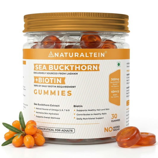 Jar of Naturaltein Sea Buckthorn + Biotin gummies with gummies and sea buckthorn berries on a white background