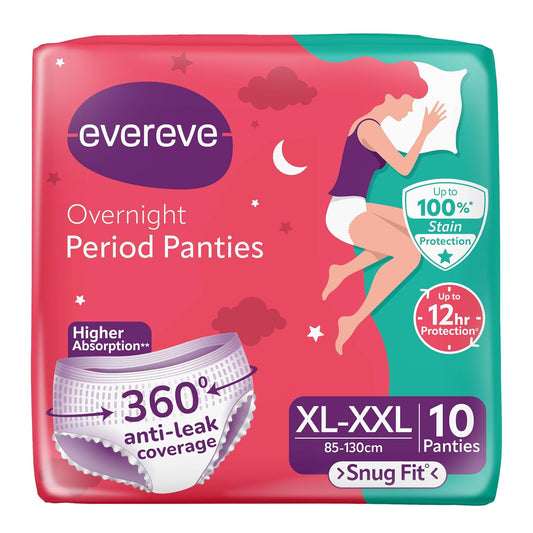 Evereve overnight period panties packaging with a woman illustration on a pink and green background