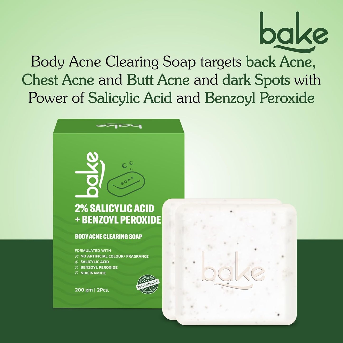 BAKE 2% Salicylic Acid Soap (2 pcs) Scrub Treatment with Niacinamide for Body & Back Acne, Reduces Strawberry Legs | Fades Dark Spots | Non Drying Formula | Soap For Men & Women | 100g x 2 (100 g (Pack of 2))