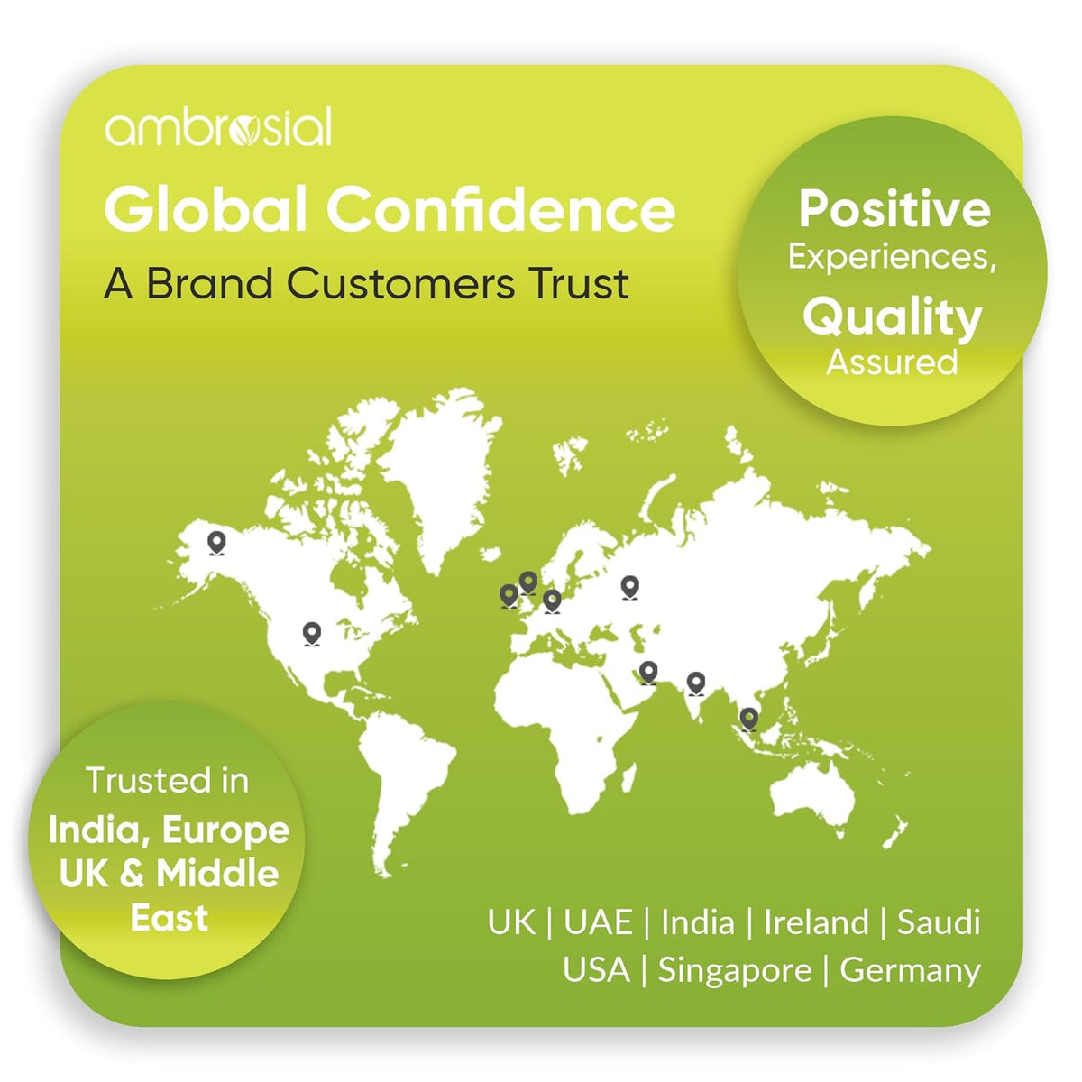 Green card with world map and text about global confidence and brand trust, featuring the brand 'ambrosial'.