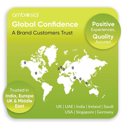 Green card with world map and text about global confidence and brand trust, featuring the brand 'ambrosial'.