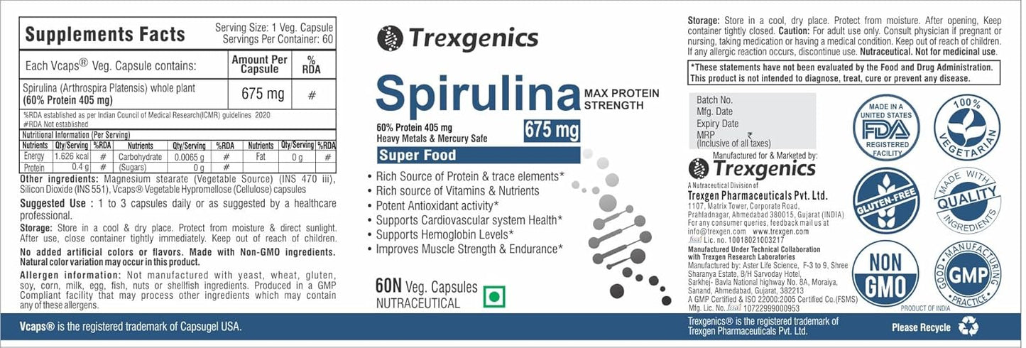 Trexgenics Spirulina supplement label with nutritional information and branding.