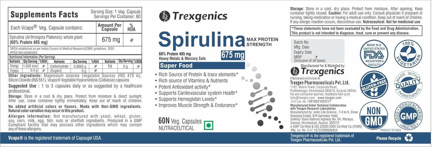 Trexgenics Spirulina supplement label with nutritional information and branding.