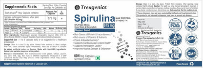 Trexgenics Spirulina supplement label with nutritional information and branding.