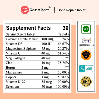 Zanskar Advanced Bone Health Tablet (30 Tablets) | Calcium, Vitamin D3, Vitamin K2, Collagen, Magnesium & Zinc (1200mg) | 100% Veg | Bone Health and Joint Support
