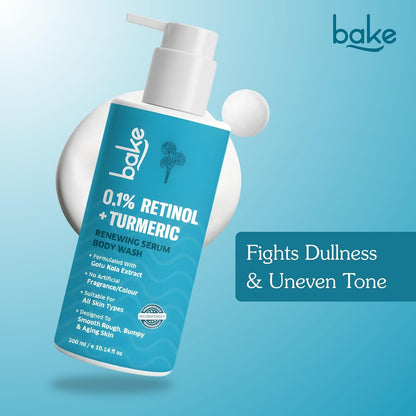 BAKE 0.1% Retinol & Turmeric Renewing Serum Body Wash for Anti Aging | Boosts Collagen Production, Increases Skin Elasticity & Reduce Fine Lines & Wrinkles | For Women & Men | 300ml