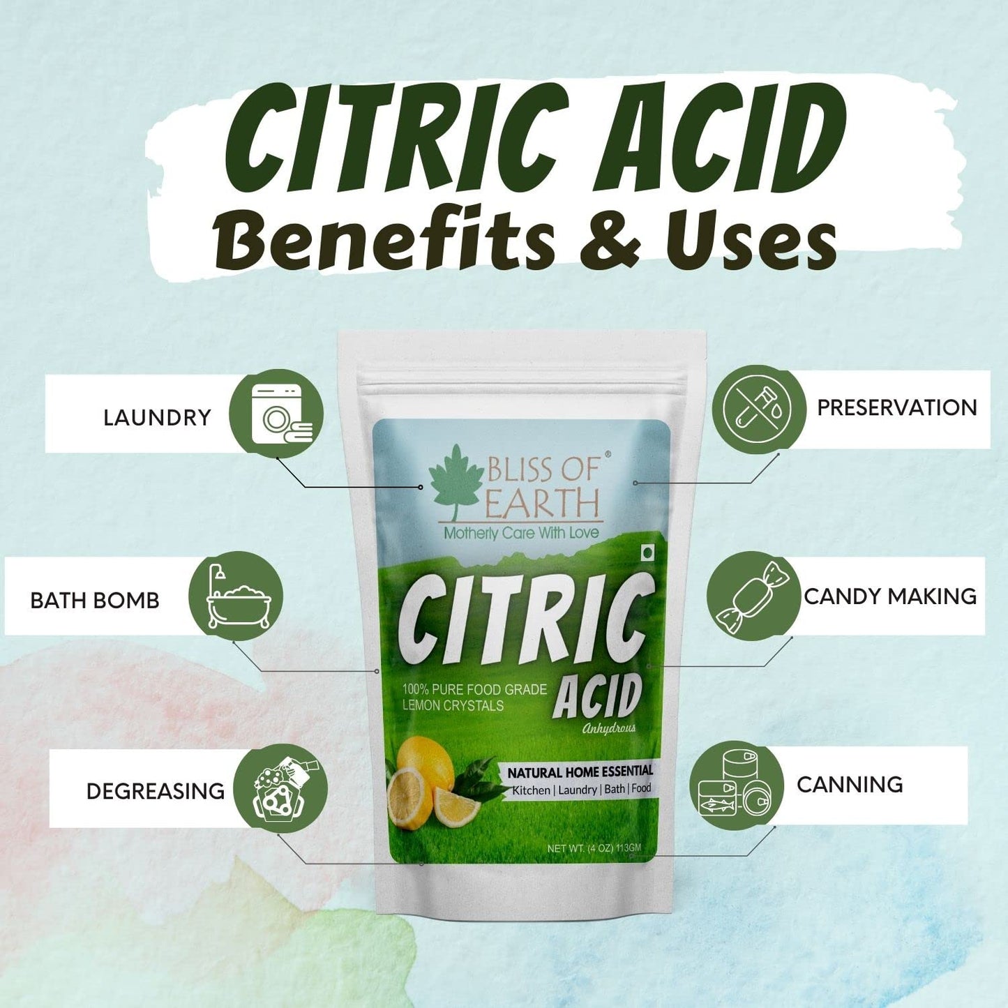 Bliss of Earth Citric Acid Powder For Food 113gm | Anhydrous Lemon Salt For Cleaning Purpose | citric acid powder for cleaning and plant growing