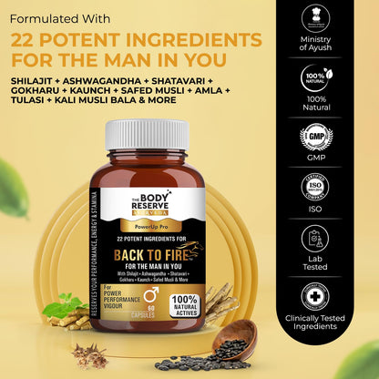 Supplement bottle with ingredients listed on a yellow background