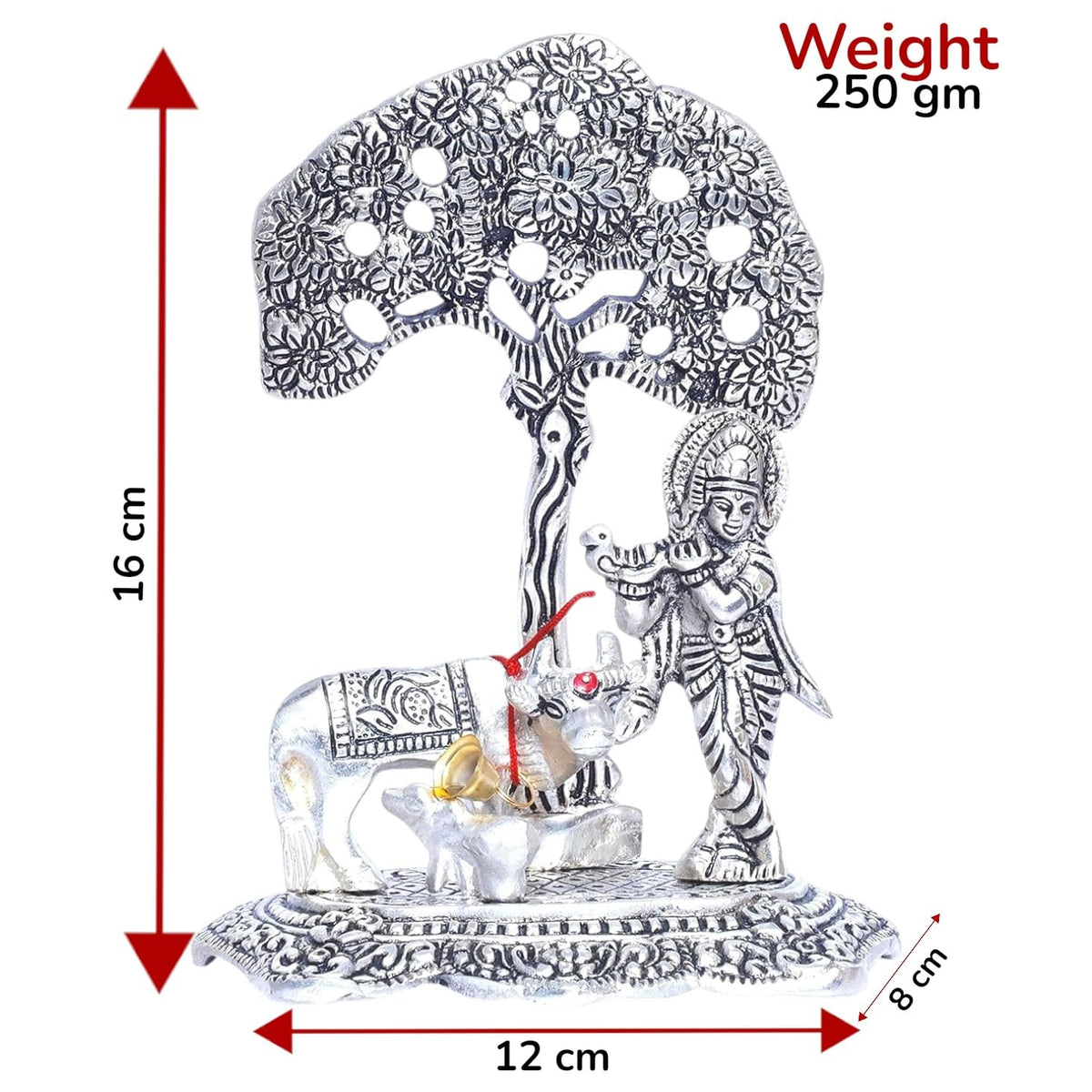 KridayKraft Silver Plated Kamdhenu Cow with Krishna Standing Under Tree Plying Flute Metal Statue,Krishna Murti Idol for Pooja & Decor Your Home,Office,Showpiece