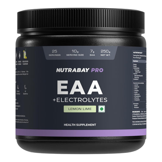 Black supplement container labeled 'NUTRABAY PRO EAA + Electrolytes' on a white background