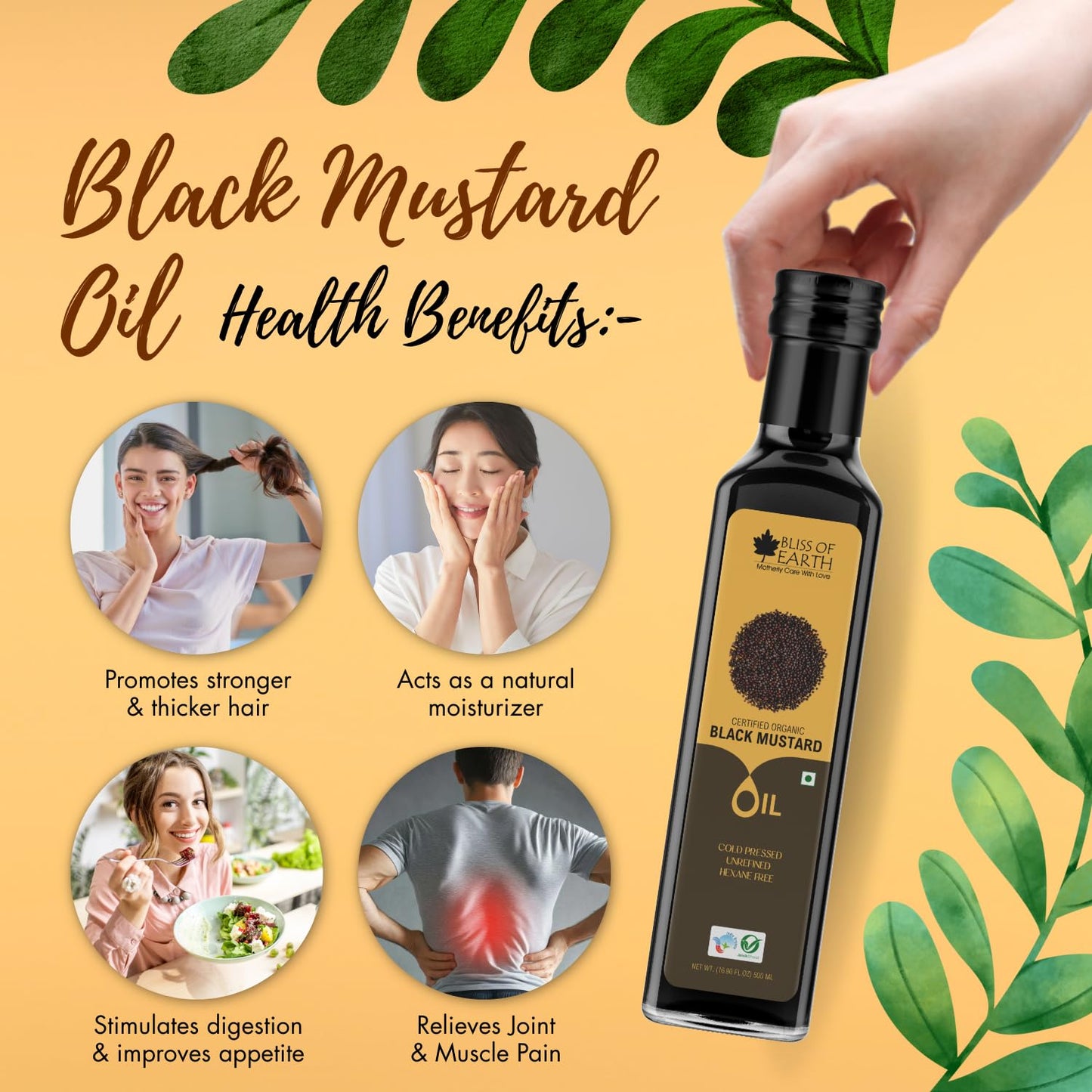 Bliss of Earth 500ML Certified Organic Mustard Oil For Cooking & Hair, Cold Pressed, Hexane Free (Pet bottle)