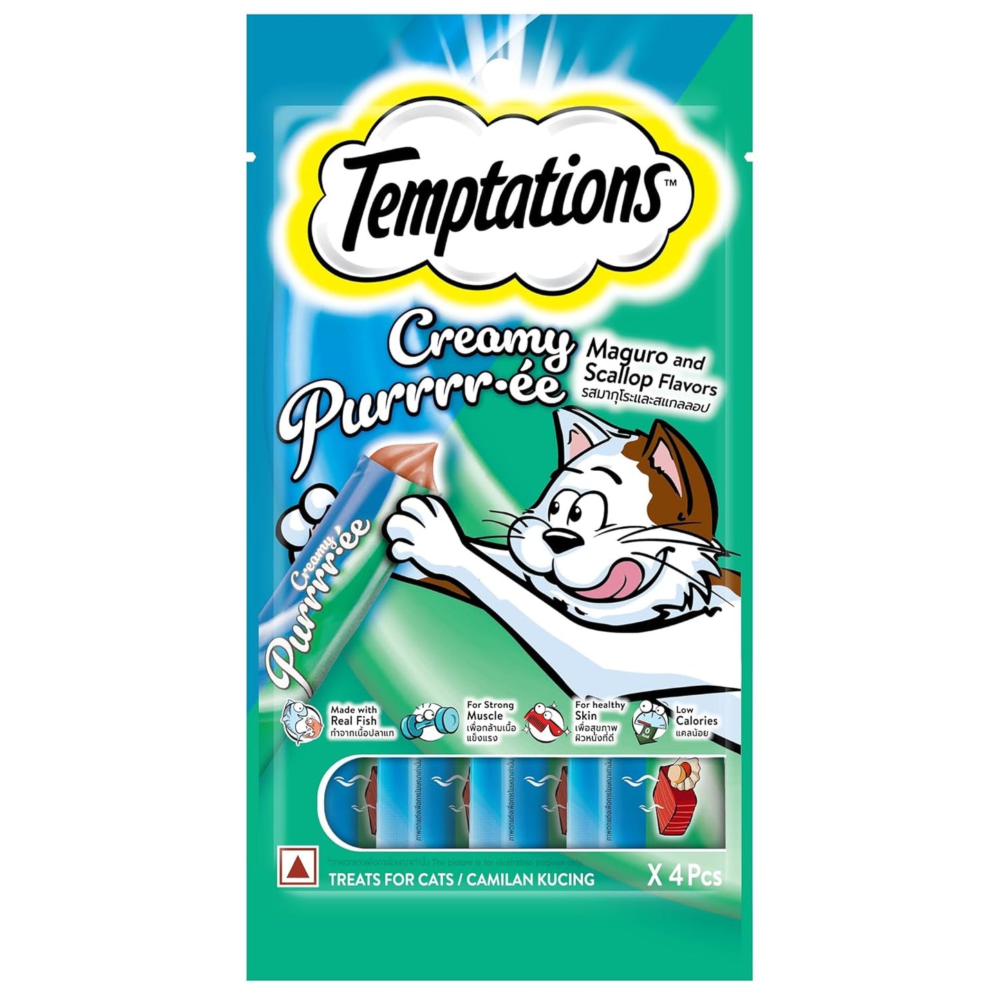 Temptations Creamy Purrrrr-ée Lickable Cat Treats, Maguro and Scallop Flavour, 48 G, Made with Real Fish, Goodness of Protein, Vitamins & Minerals,All Life Stages