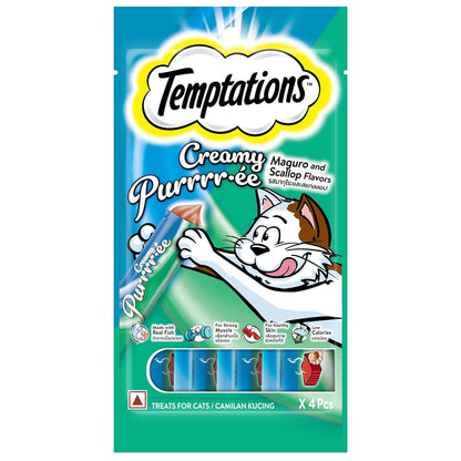 Temptations Creamy Purrrrr-ée Lickable Cat Treats, Maguro and Scallop Flavour, 48 G, Made with Real Fish, Goodness of Protein, Vitamins & Minerals,All Life Stages