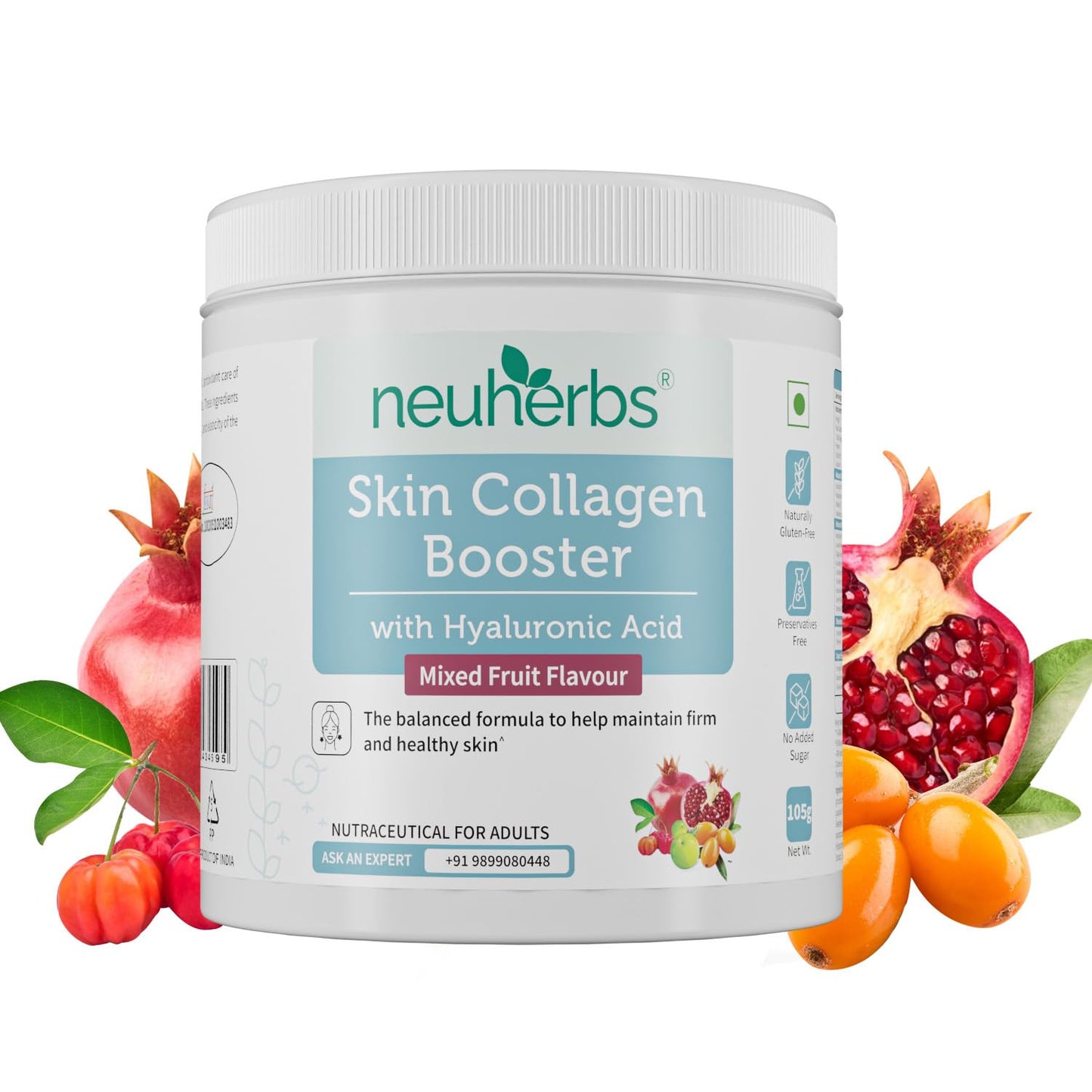 Neuherbs Collagen Supplement Powder | Plant Based Skin Collagen Booster Peptides for Men & Women | With Hyaluronic Acid, Vitamin C & E for Glowing & Youthful Skin | Mixed Fruit Flavour, 105g
