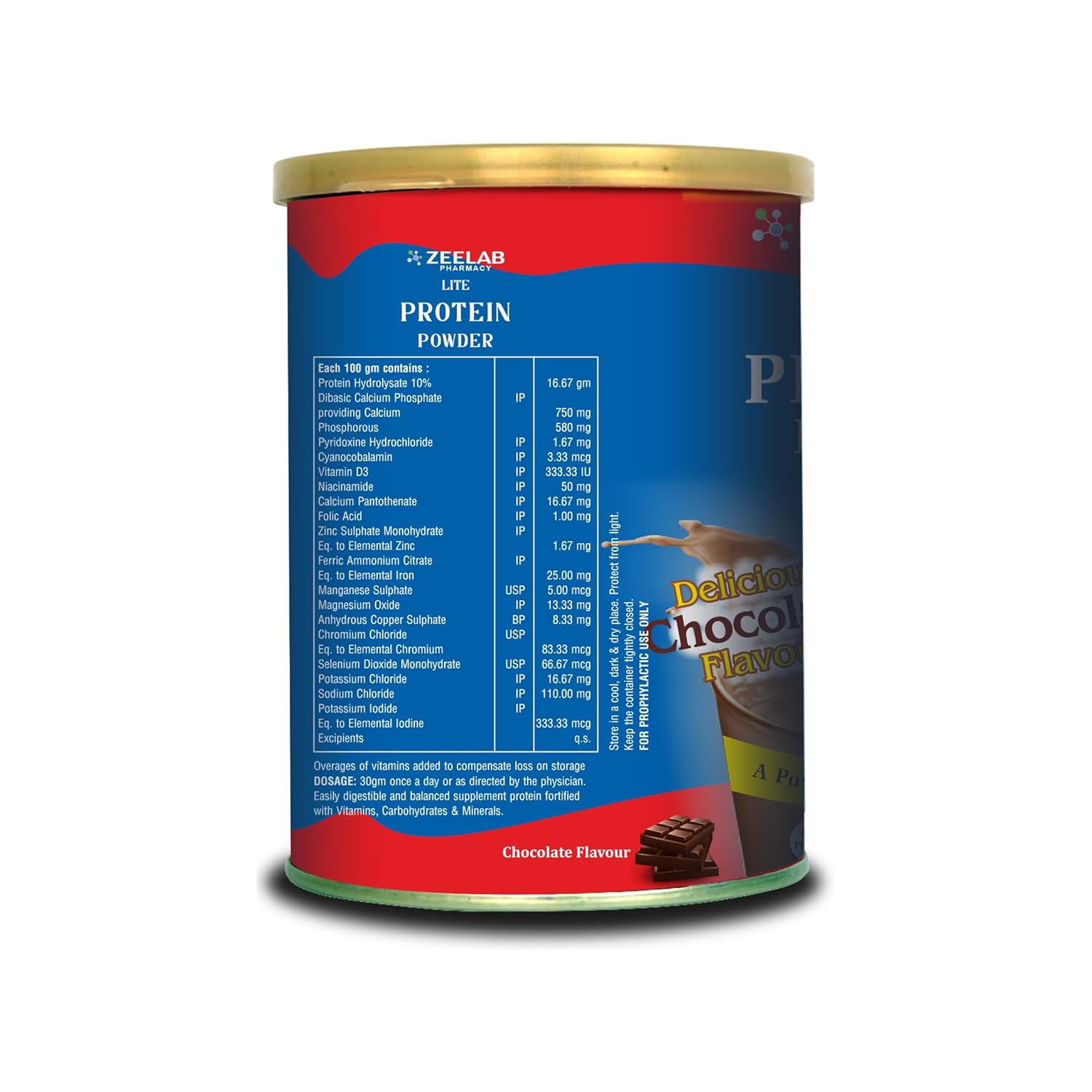 Zeflab protein powder can with chocolate flavor on a white background