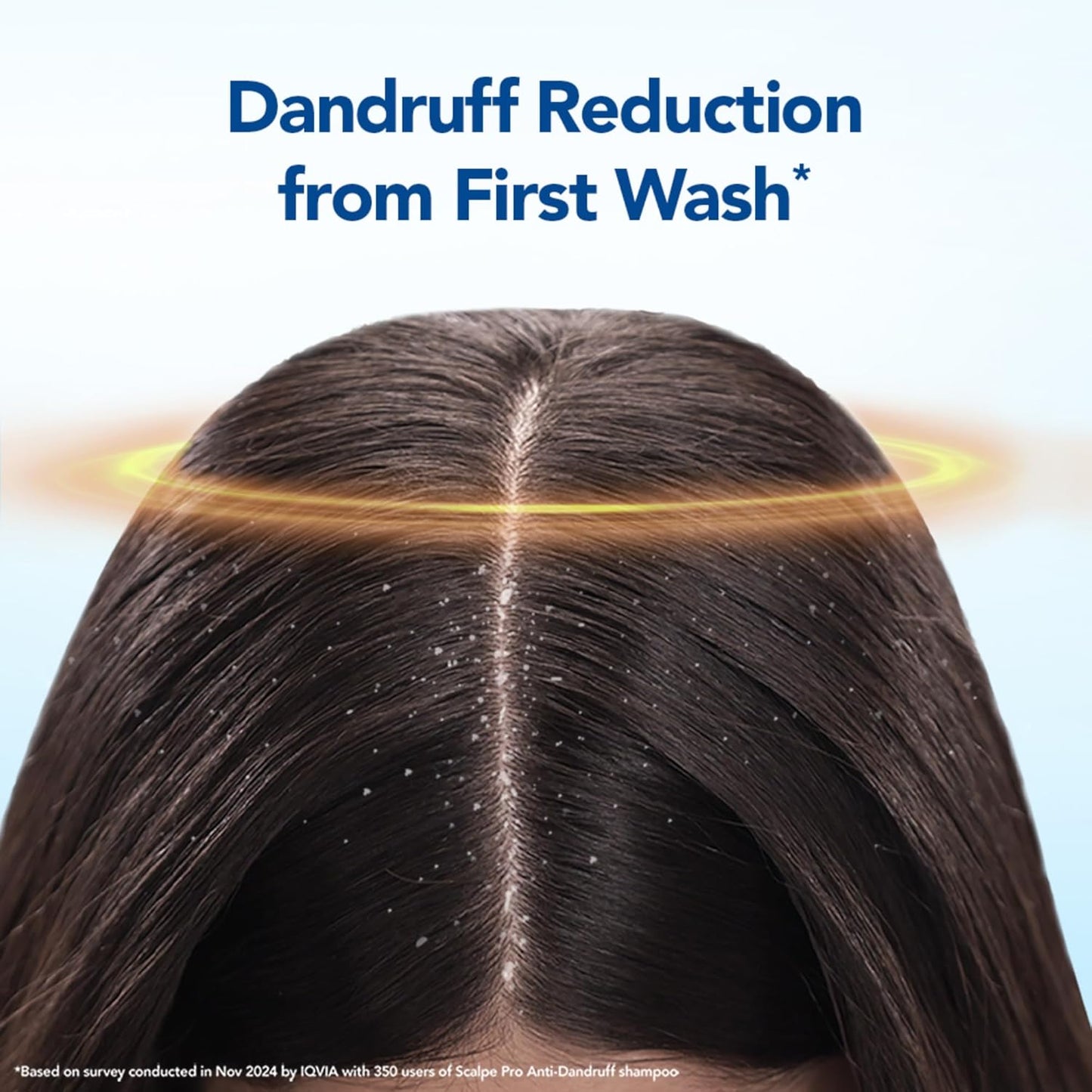 Back view of a person with dandruff reduction from shampoo on a blue background