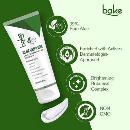 BAKE 99% Pure Aloe Vera Gel (200g) For Face, Body & Hair With Panthenol & Glycerin | Hydrates Skin, Reduces Dryness & Non Sticky | Enriched Proven Actives | For Men & Women - 200g