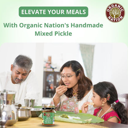 ORGANIC NATION Deliciously Tangy Mixed Pickle | Pickles with Fresh Ingredients | Authentic Mixed Vegetable Pickle | Traditional Indian Achaar| No Preservatives | 250g Jar | Vibrant Green